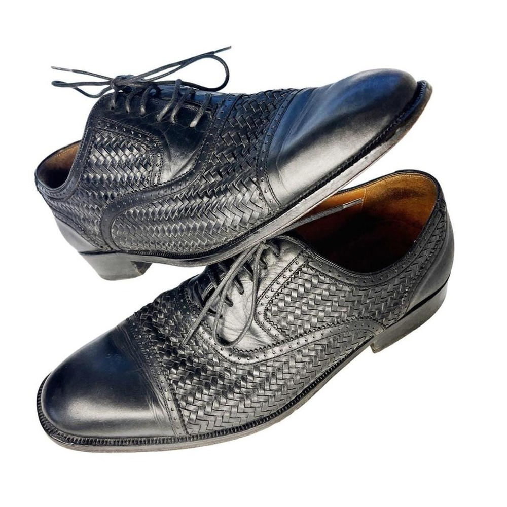 Magnanni Mens Size 9 Black Woven Leather Cap Toe Oxford Dress Shoes Made Spain